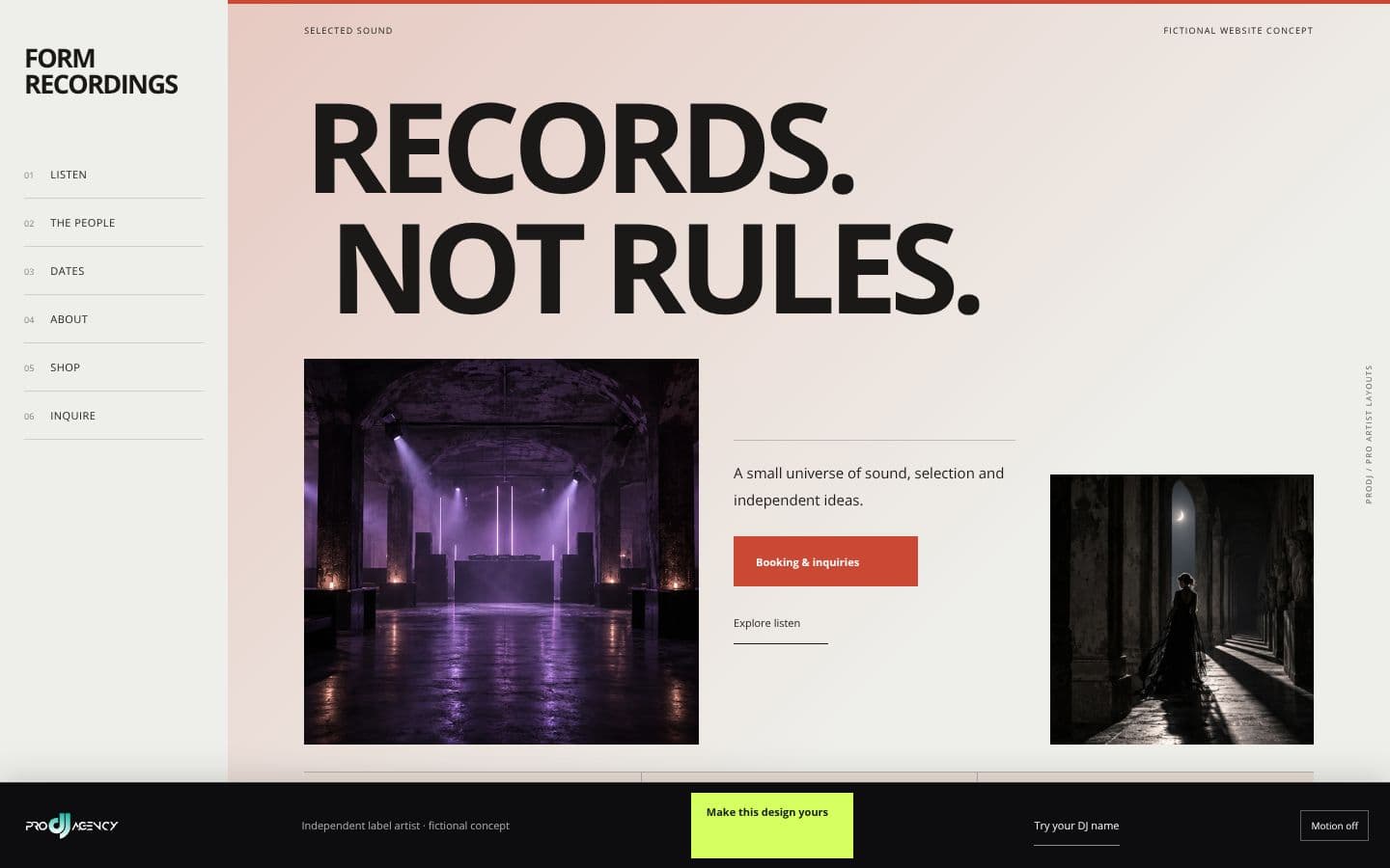 Independent label artist website design preview