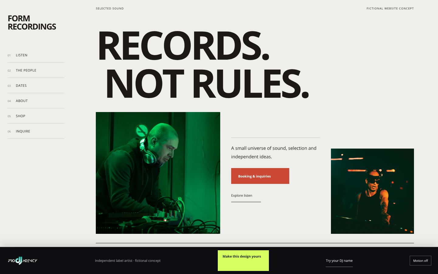 Independent label artist - actual rendered website preview